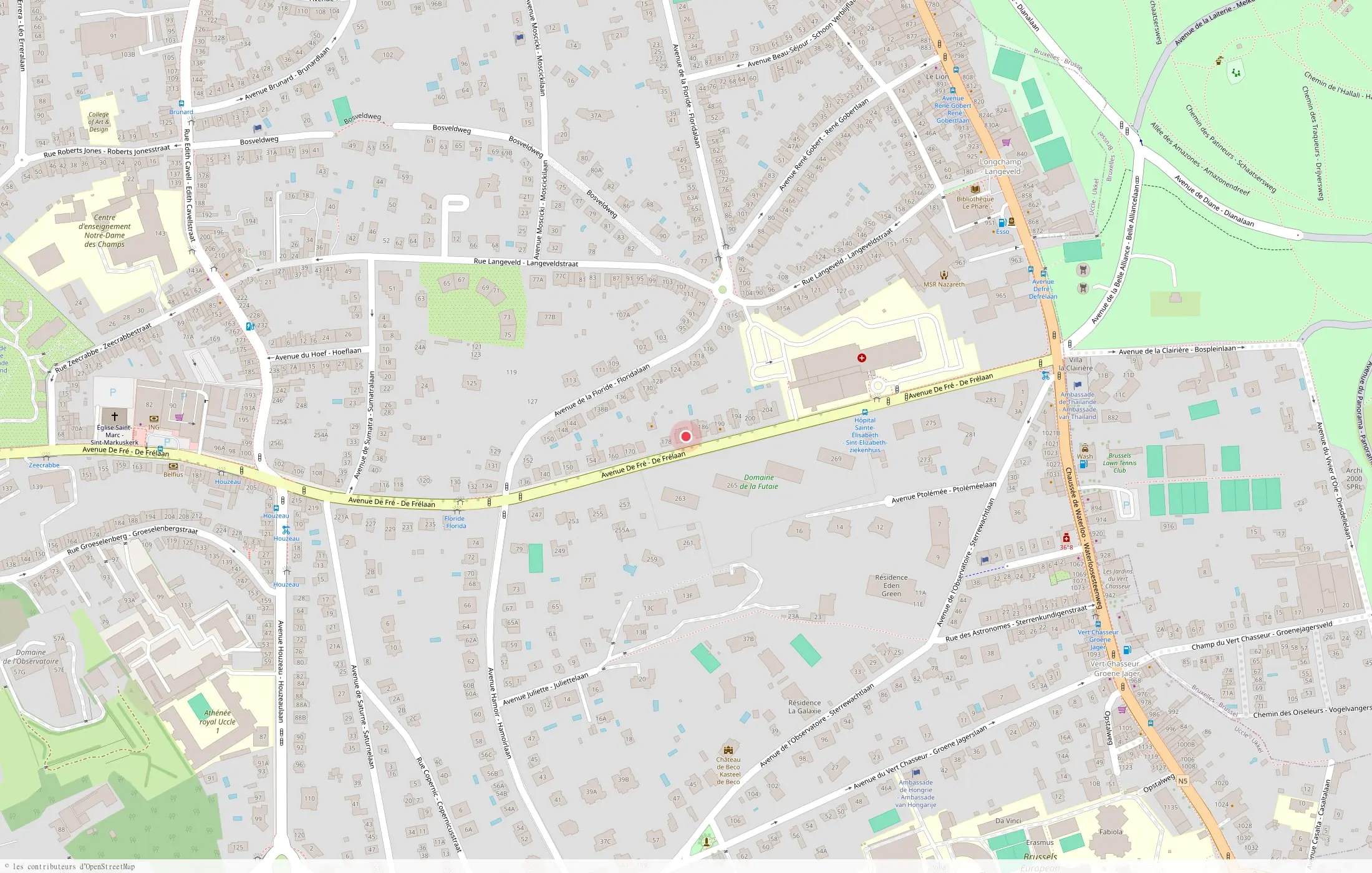 Plan de situation : le restaurant se trouve avenue de Fré, entre l’avenue de la Floride et le rond-point du Vivier d’Oie, à Uccle