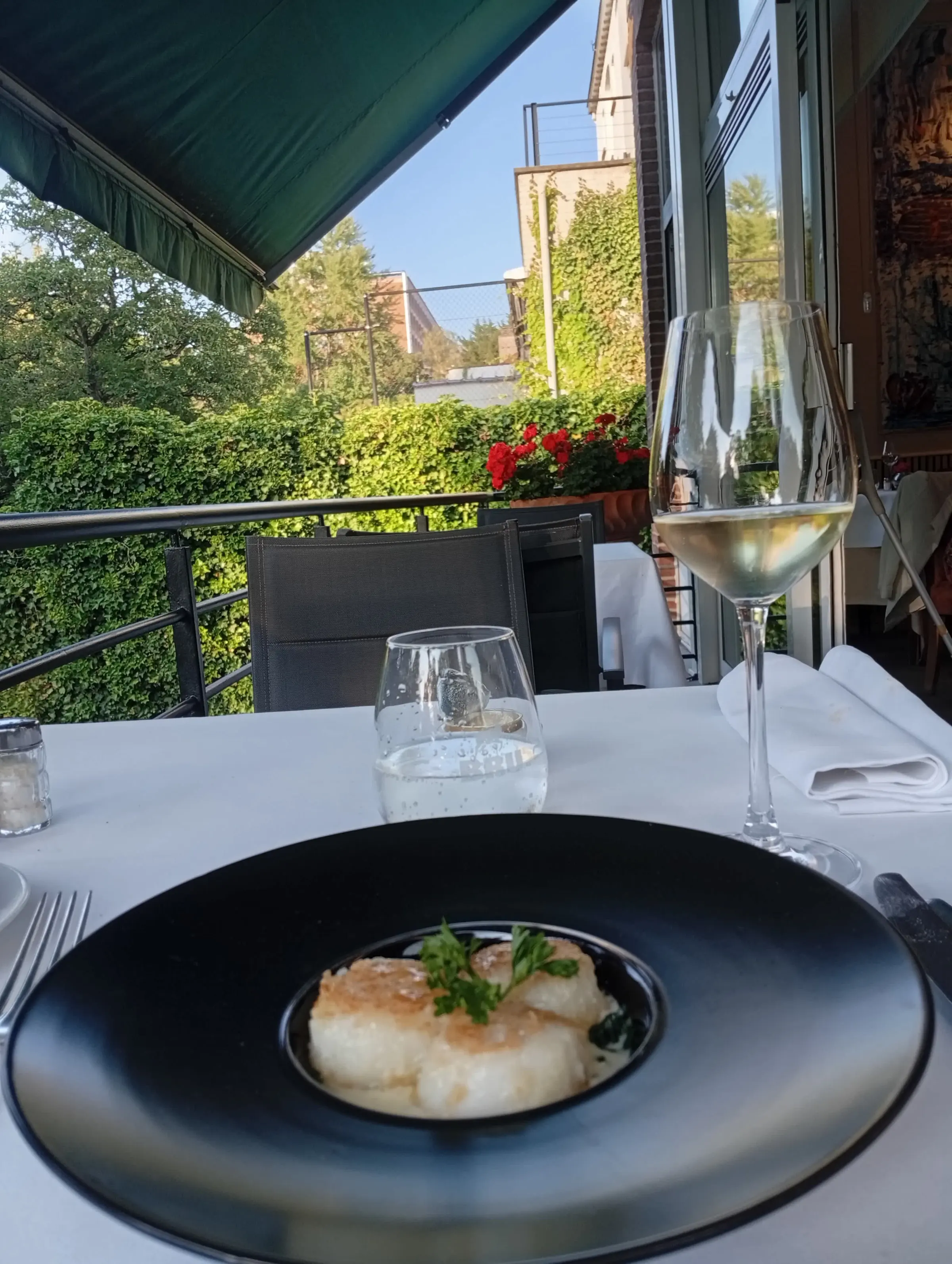 La terrasse et sa vue sur le jardin, un midi d’été